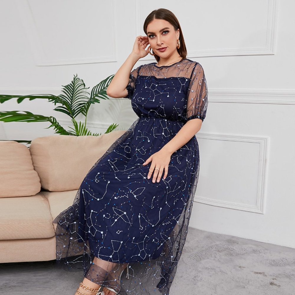 Plus Size Parisian Flora Mesh Embroidery Party Maxi Dress - Picture 2 of 6